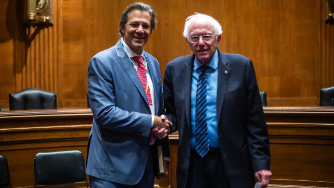 Haddad se reúne com Bernie Sanders e pede apoio para taxação de “super-ricos”