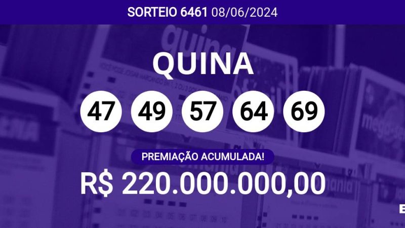 Acumulou! Confira as dezenas sorteadas na Quina 6461; prêmio pode chegar a R$ 220 milhões