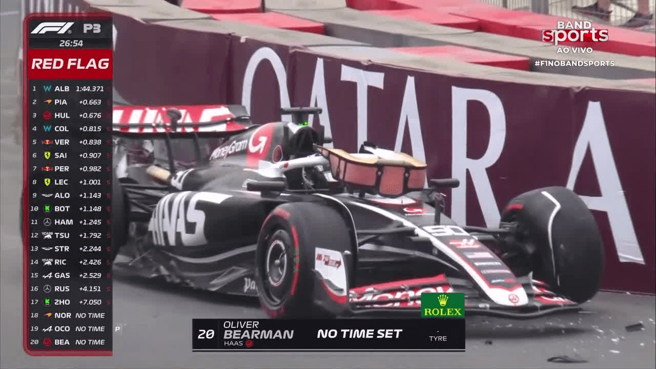 Oliver Bearman erra curva a bate no muro no terceiro treino livre do GP do Azerbaijão; vídeo
