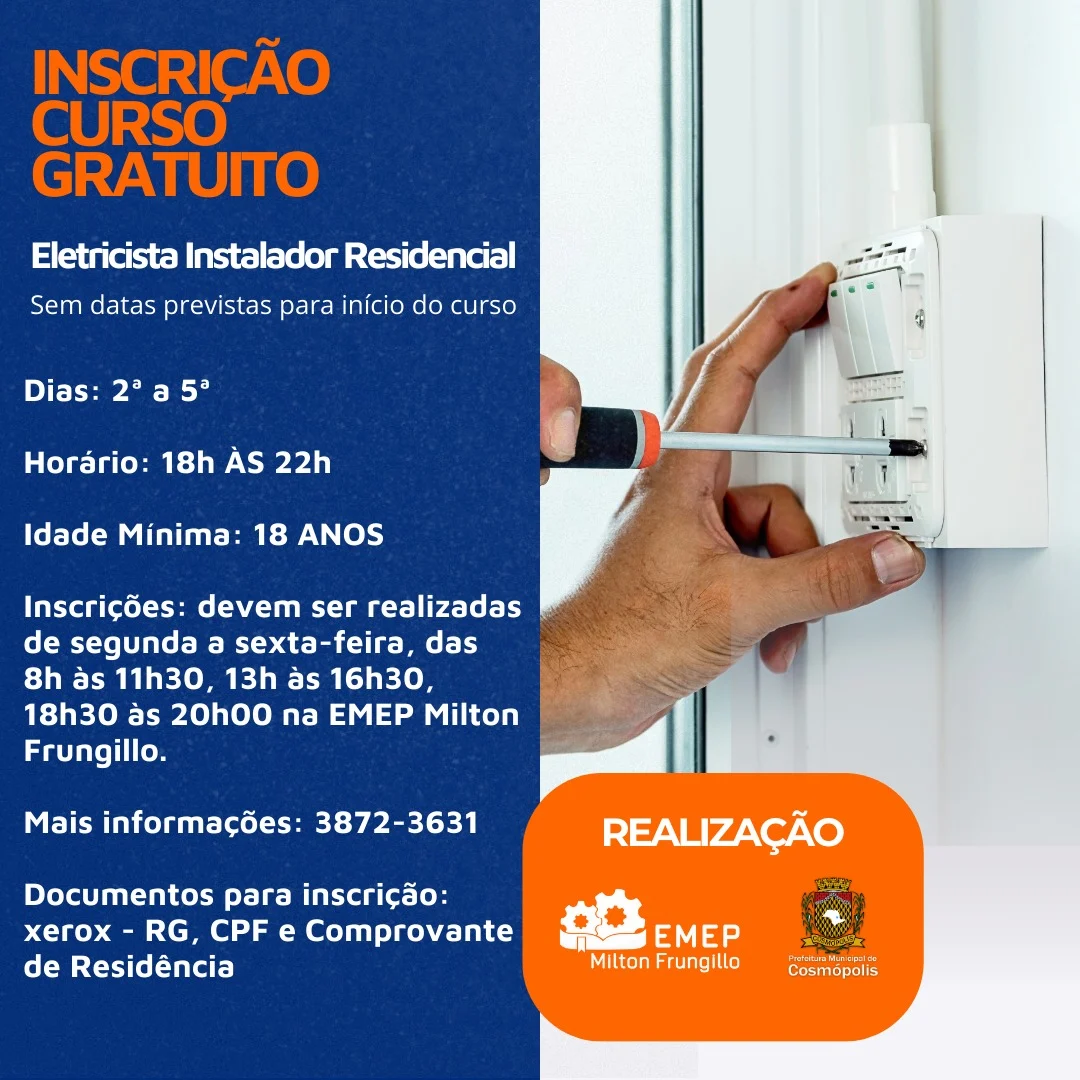 Inscrições abertas para curso gratuito na ‘EMEP Milton Frungillo’. – Prefeitura Municipal de Cosmópolis – Jornal Aqui Paulínia