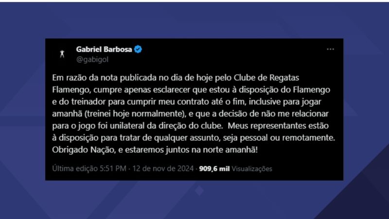 Barrado pela diretoria do Flamengo, Gabigol afirma que estará na arquibancada