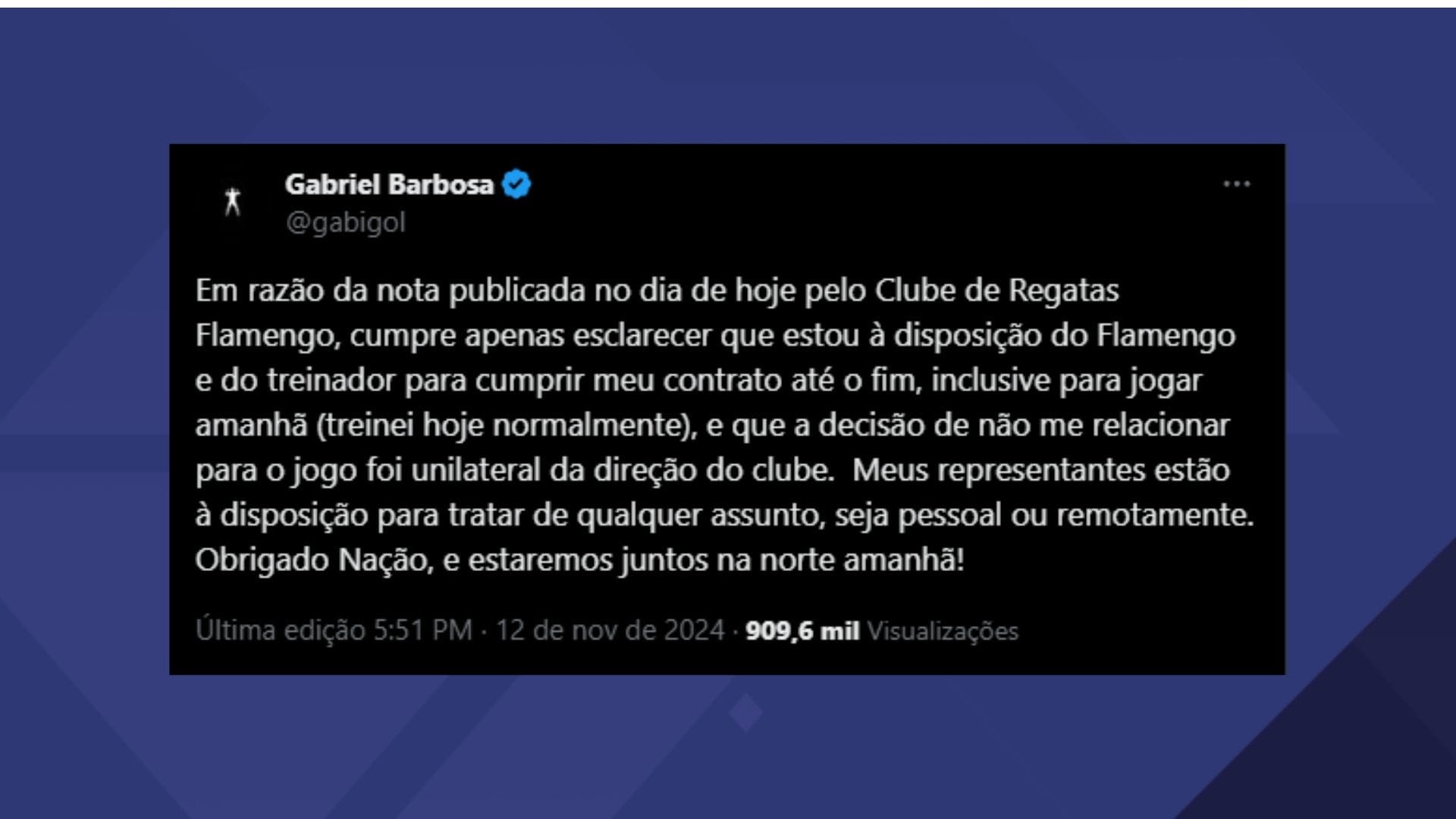 Barrado pela diretoria do Flamengo, Gabigol afirma que estará na arquibancada