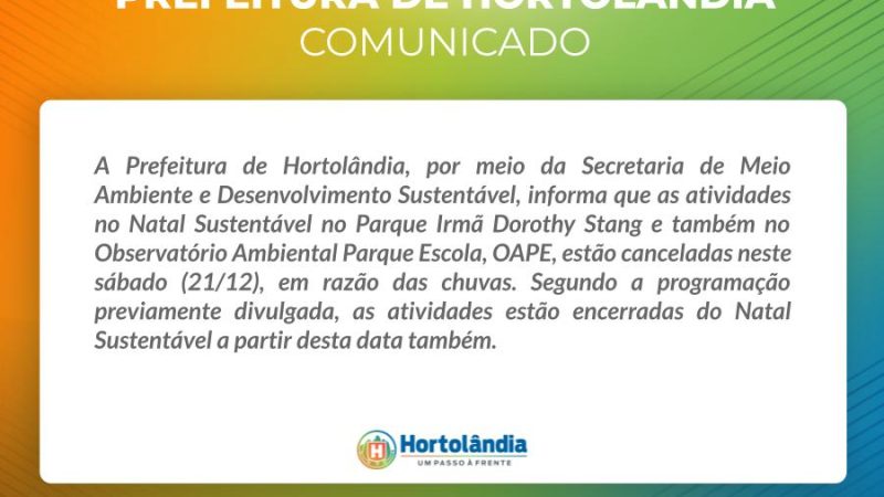 Natal Sustentável no Parque Irmã Dorothy Stang e também no Observatório Ambiental Parque Escola, OAPE, estão canceladas neste sábado (21/12) – Jornal Aqui Paulínia