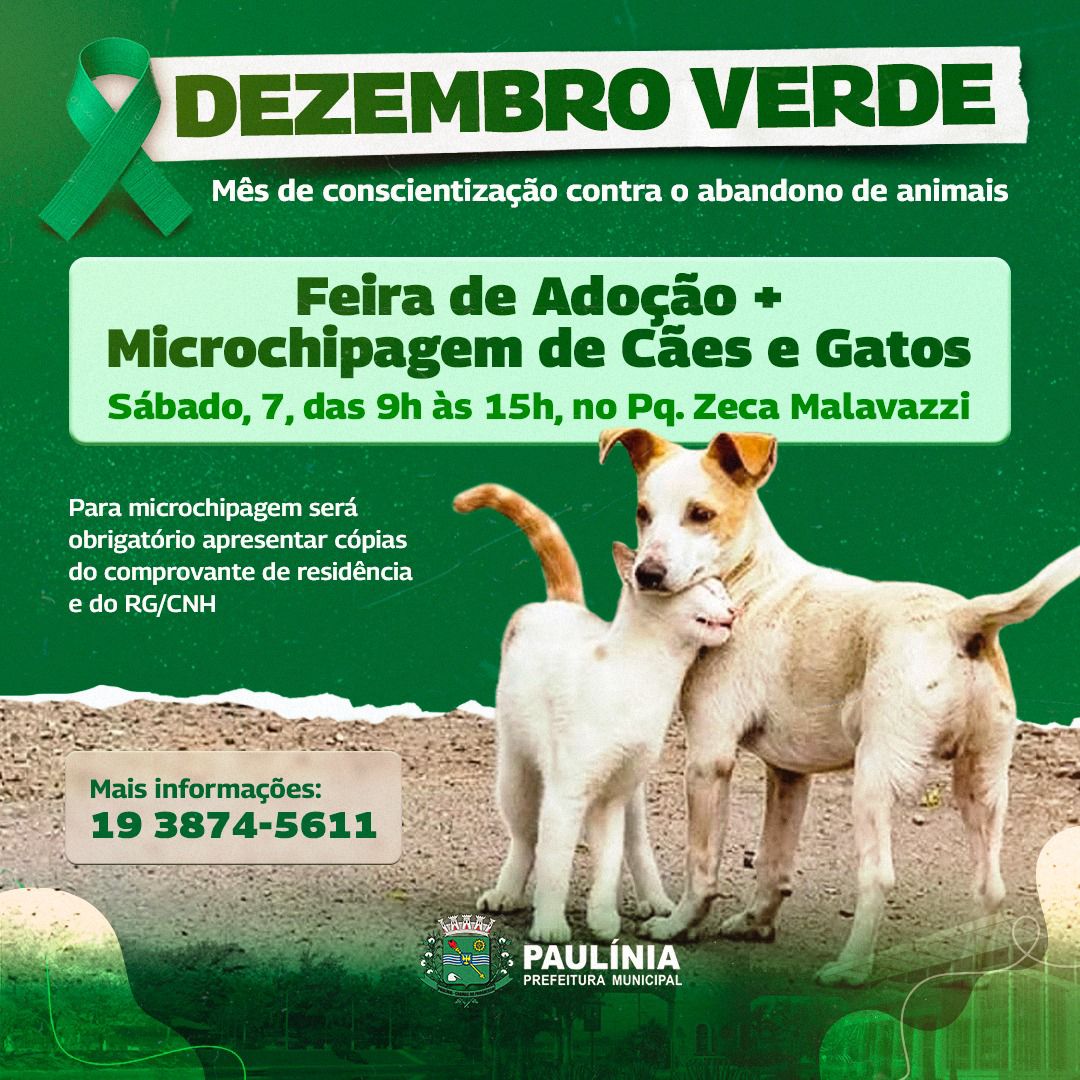 Neste sábado, 7, a Prefeitura promoverá uma Feira de Adoção PET no Parque Zeca Malavazzi, das 9h às 15h30. – Jornal Aqui Paulínia