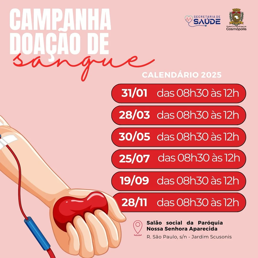 Campanha de Doação de Sangue – Calendário 2025 – Prefeitura Municipal de Cosmópolis – Jornal Aqui Paulínia