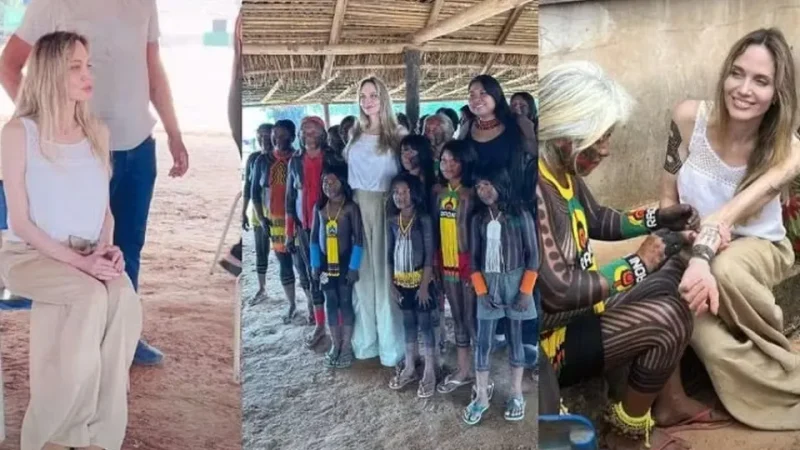 Angelina Jolie visita aldeia indígena no MT e se encontra com Raoni