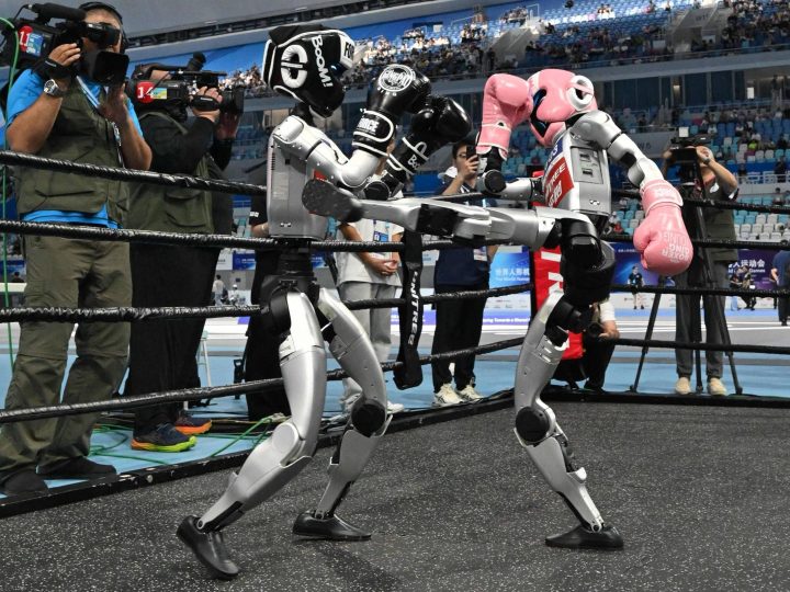 Em 'Olimpíadas de Robôs', máquinas apostam corrida e jogam futebol, mas também colidem e caem; veja fotos